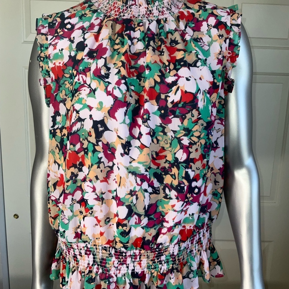 J.CREW Red Floral Print Ruffle Neck Top Women Size 12 Sleeveless - Picture 3 of 9